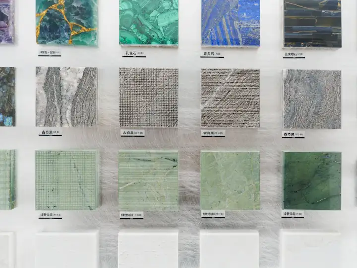 Display board of marble and stone finish sample tiles