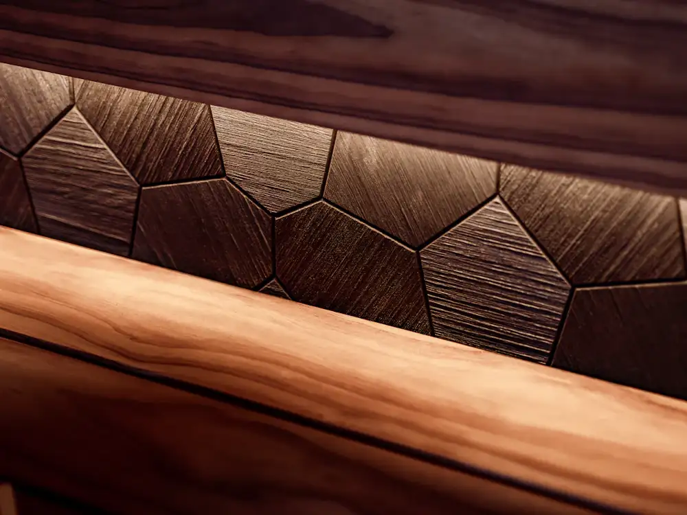 Geometric wood wall panelling with warm lighting