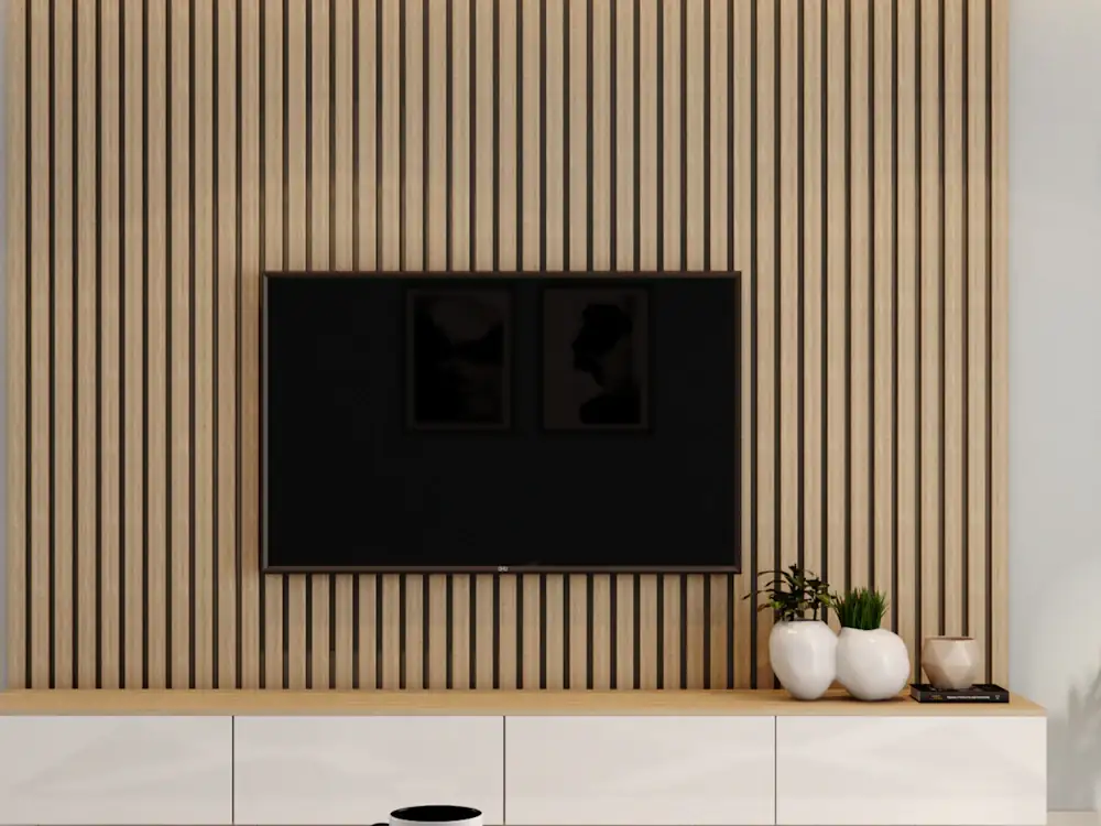 Living room TV wall finished in wooden louvers