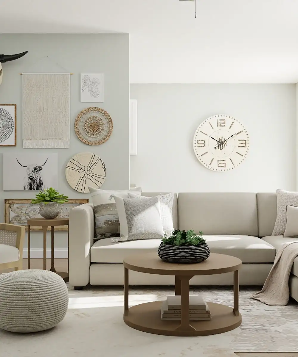 Calm, finished living room with warm wood and soft furnishings
